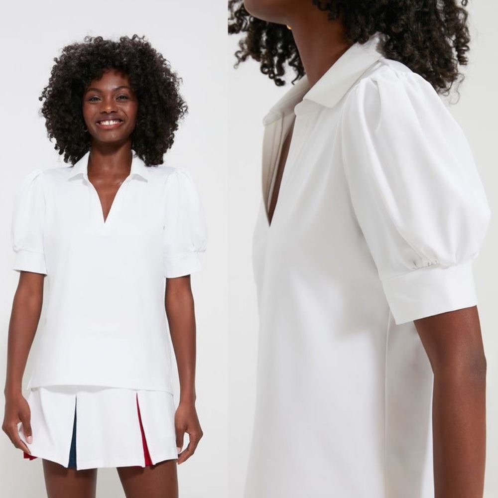 NEW Tuckernuck Sport Caroline Puff Sleeve Polo Shirt White Size XS